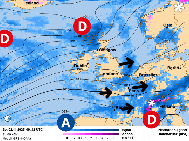 Carte de prévisions d'europe du Dimanche 2 novembre 2025