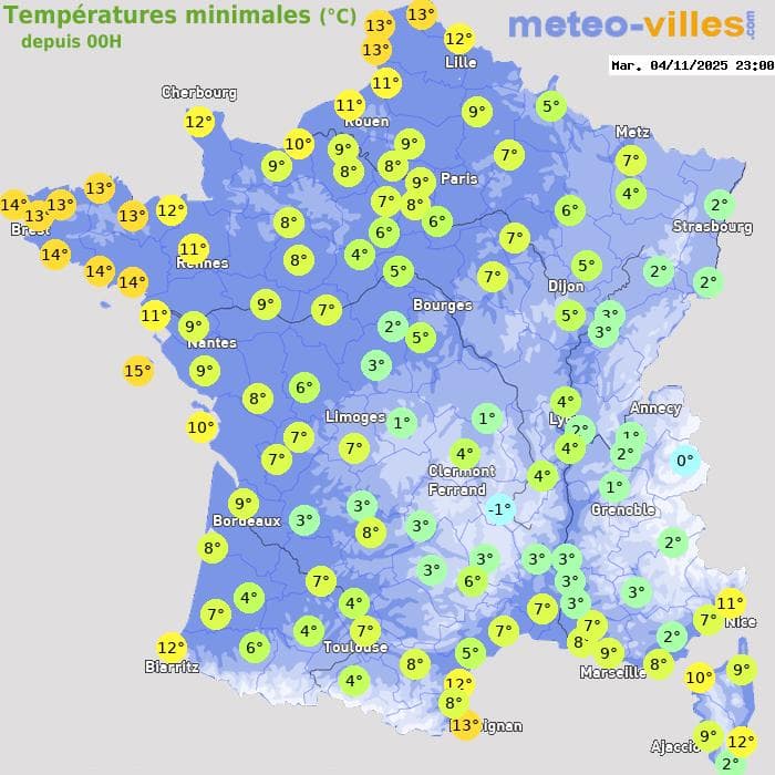Températures minimales (°C) depuis 00h