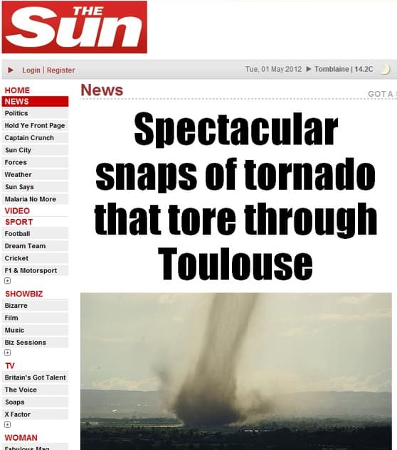 Image d'illustration pour Il y a un an, le 29 avril 2012 : une tornade près de Toulouse