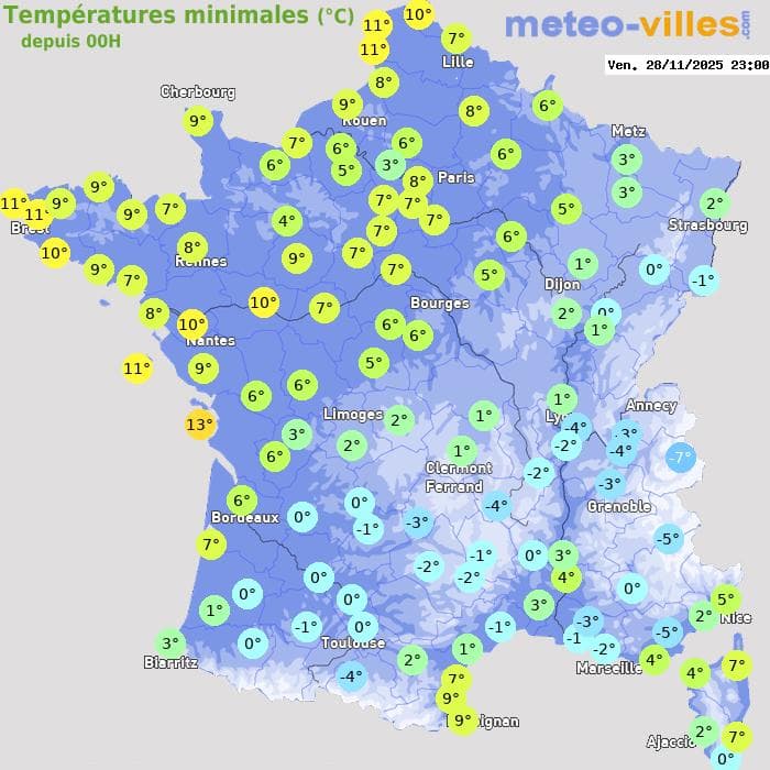 Températures minimales (°C) depuis 00h